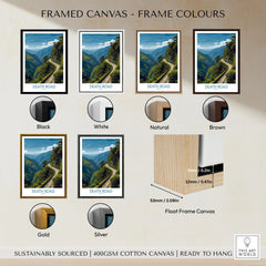 Death Road Bolivia Art Print | Yungas Road Poster framed canvas float frame colour options: black, white, natural, brown, gold and silver