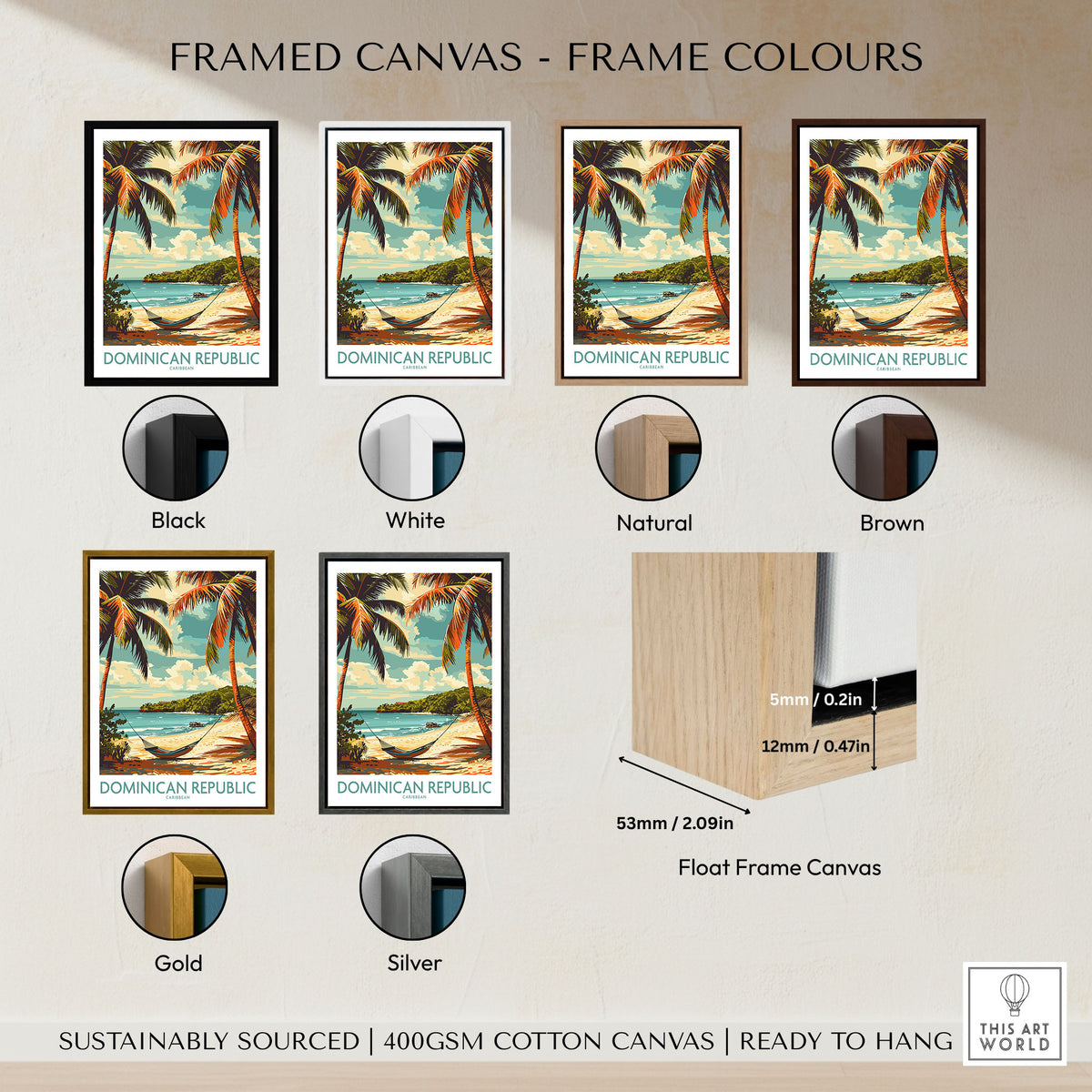 Dominican Republic Print framed canvas float frame colour options: black, white, natural, brown, gold and silver