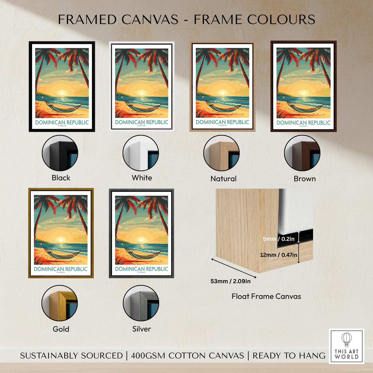 Dominican Republic Wall Art framed canvas float frame colour options: black, white, natural, brown, gold and silver