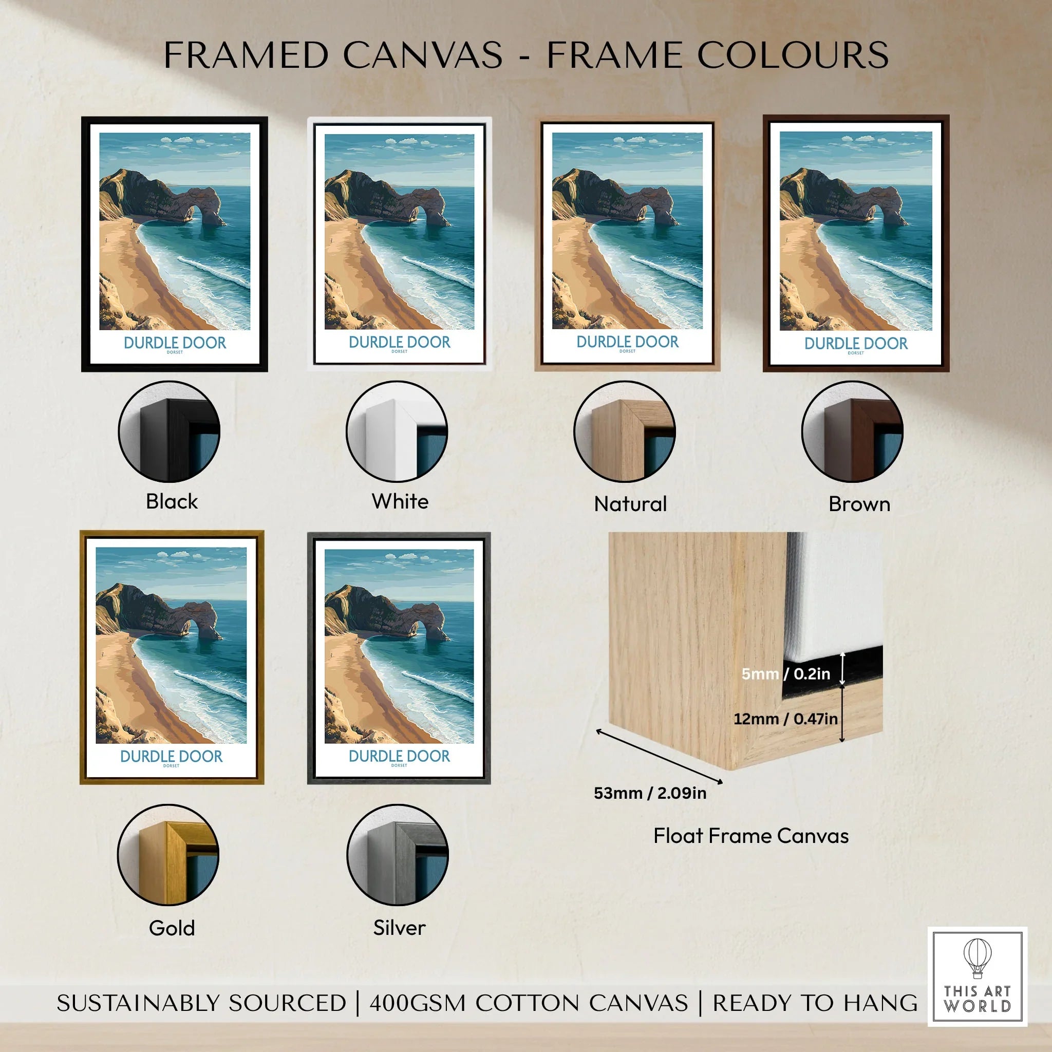 Durdle Door Art Print Dorset Wall Art framed canvas float frame colour options: black, white, natural, brown, gold and silver