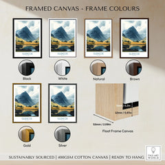 Glencoe Travel Poster framed canvas float frame colour options: black, white, natural, brown, gold and silver