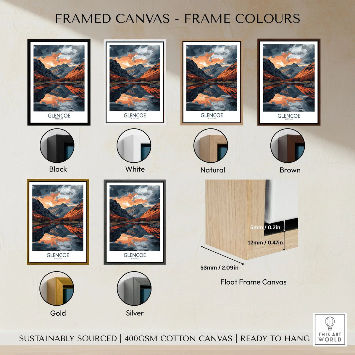 Glencoe Wall Art Poster framed canvas float frame colour options: black, white, natural, brown, gold and silver