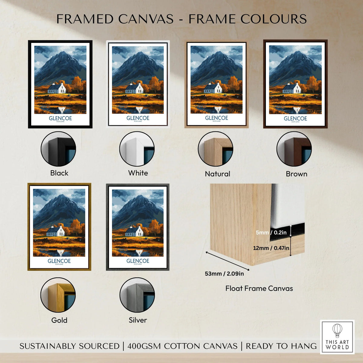 Glencoe Scotland Print framed canvas float frame colour options: black, white, natural, brown, gold and silver