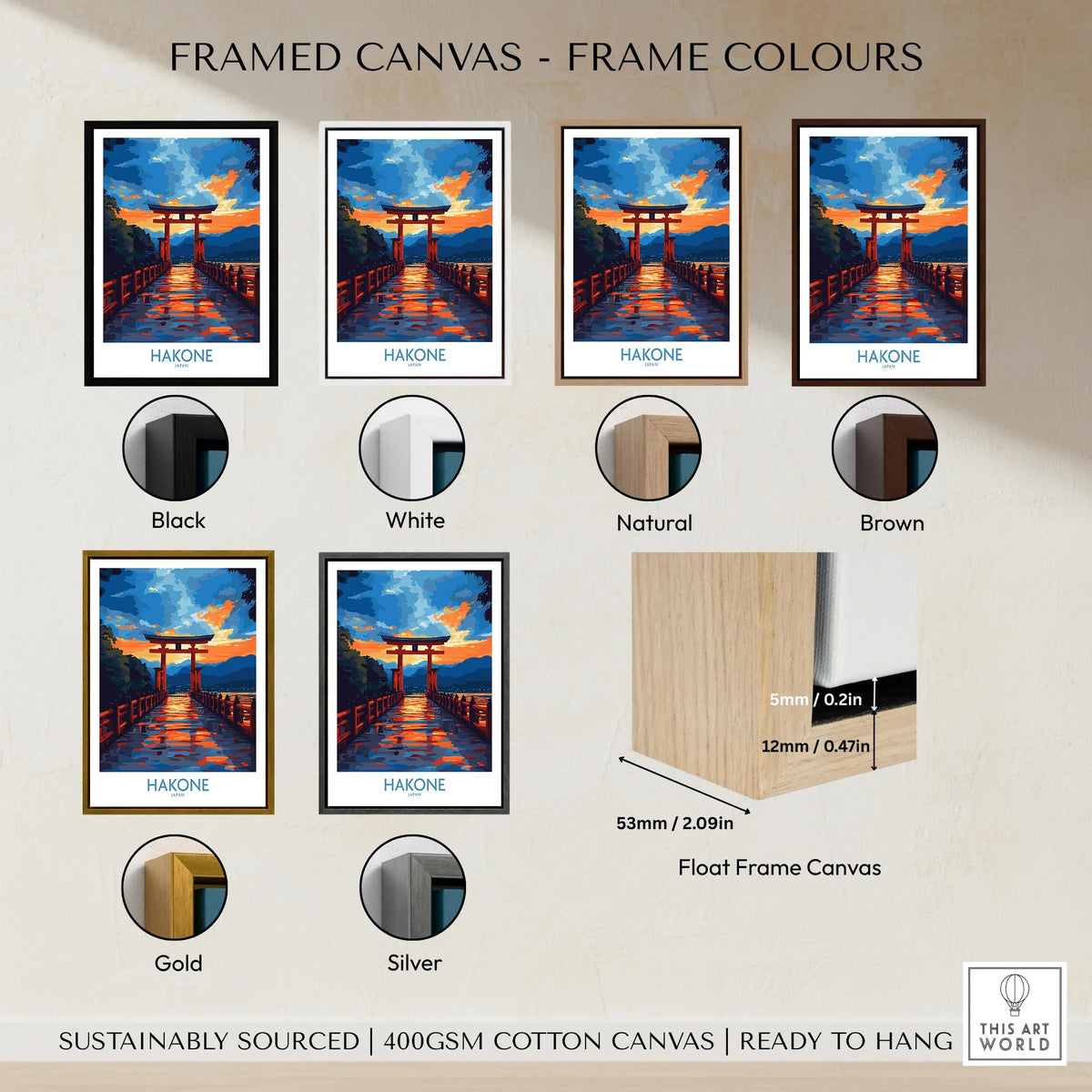 Hakone Wall Art - Japan Travel Poster framed canvas float frame colour options: black, white, natural, brown, gold and silver