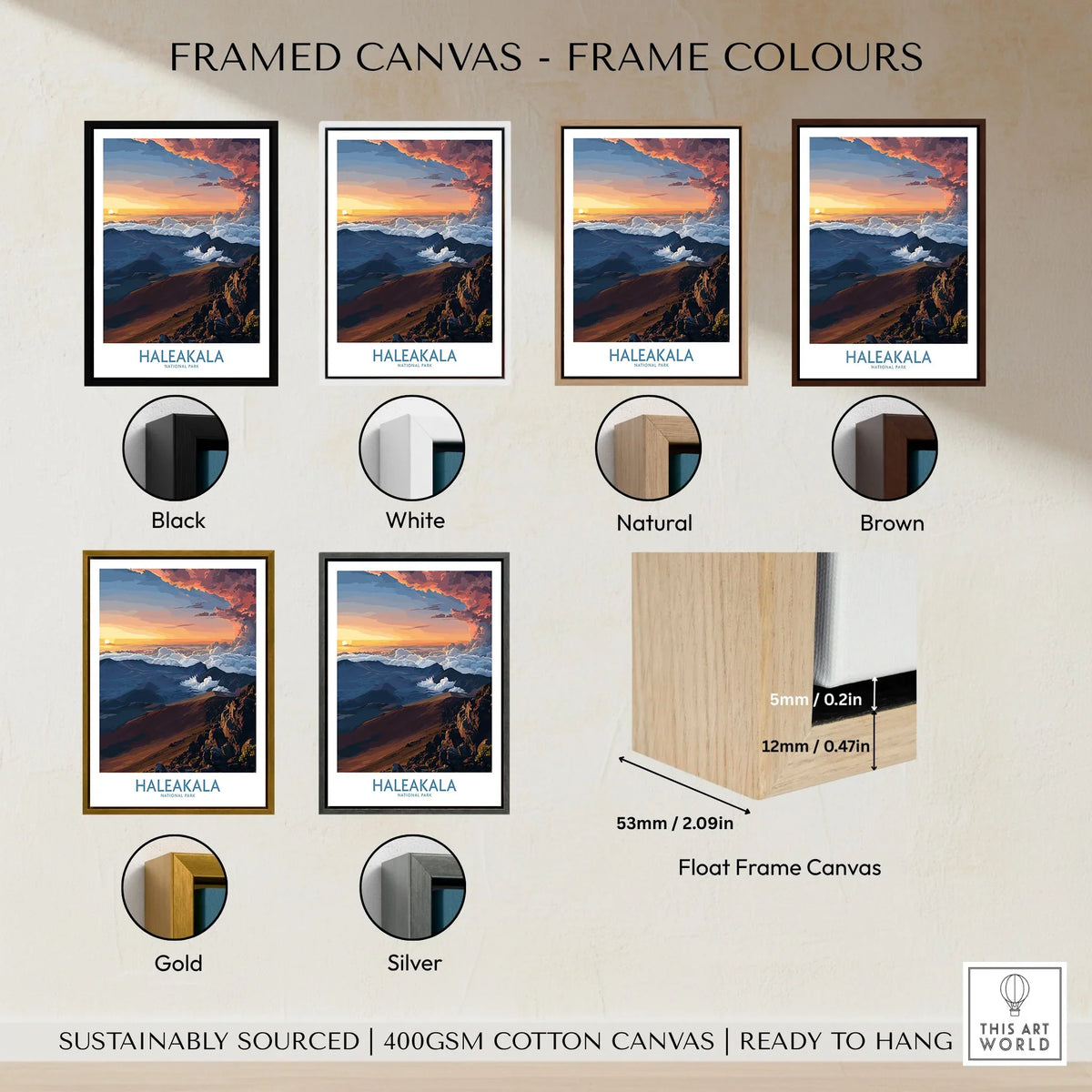 Haleakalā Craters Poster, Hawaiian Sunrise Print, Mountain Wall Decor framed canvas float frame colour options: black, white, natural, brown, gold and silver