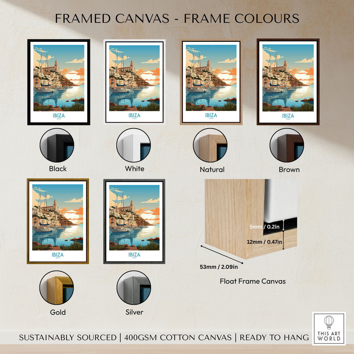 Ibiza Poster Print Modern framed canvas float frame colour options: black, white, natural, brown, gold and silver