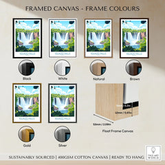 Iguazu Falls Travel Poster framed canvas float frame colour options: black, white, natural, brown, gold and silver