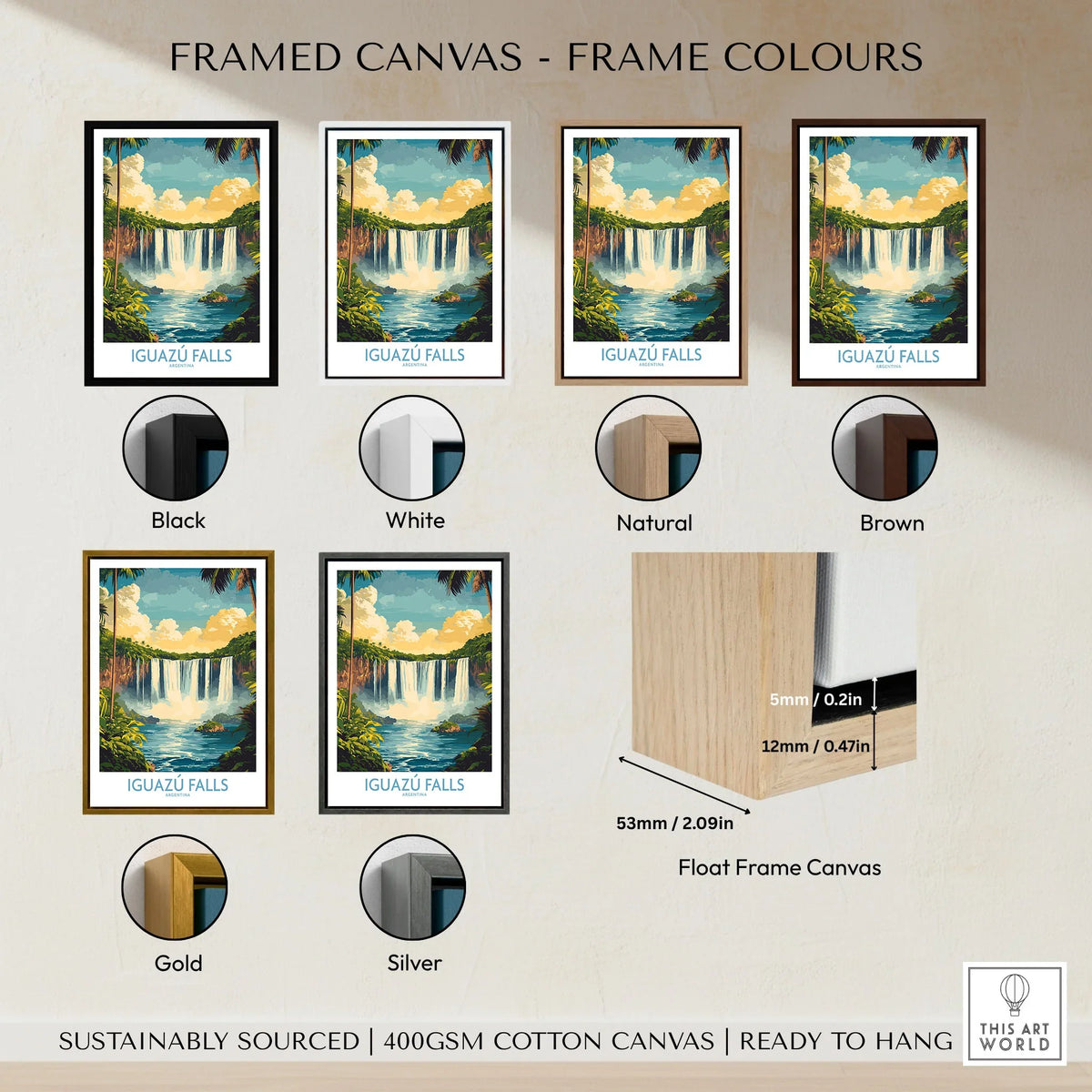 Iguazu Falls Wall Art Print framed canvas float frame colour options: black, white, natural, brown, gold and silver