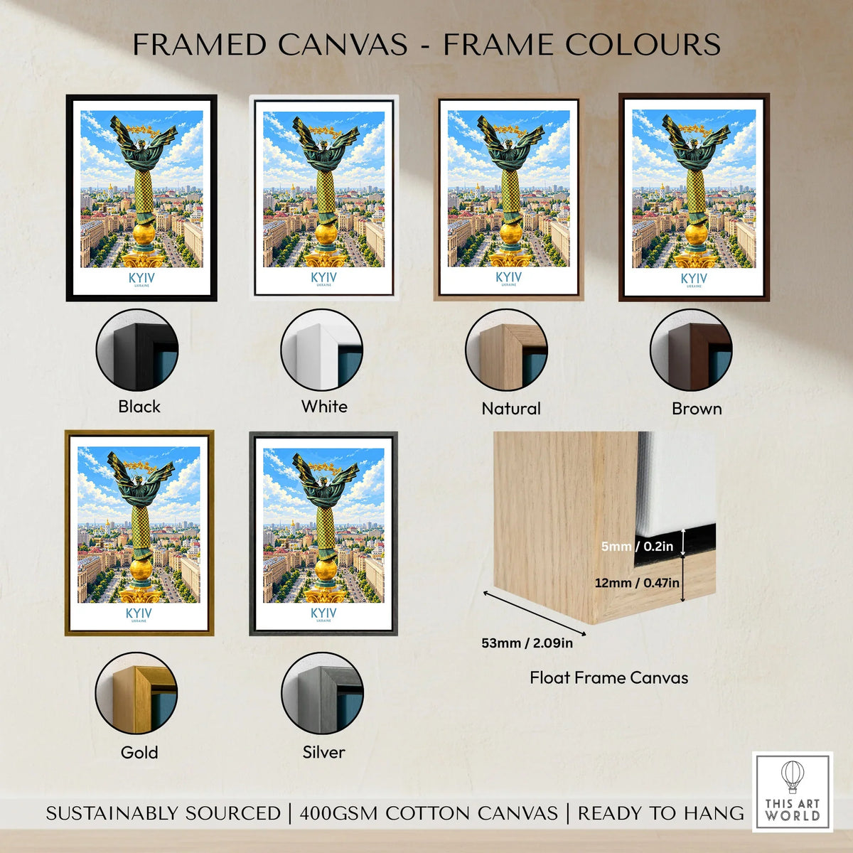 Kyiv Ukraine Maidan Square Wall Art — the Independence Monument rising above Maidan Nezalezhnosti and the Kyiv skyline, shown as framed canvas float frame colour options