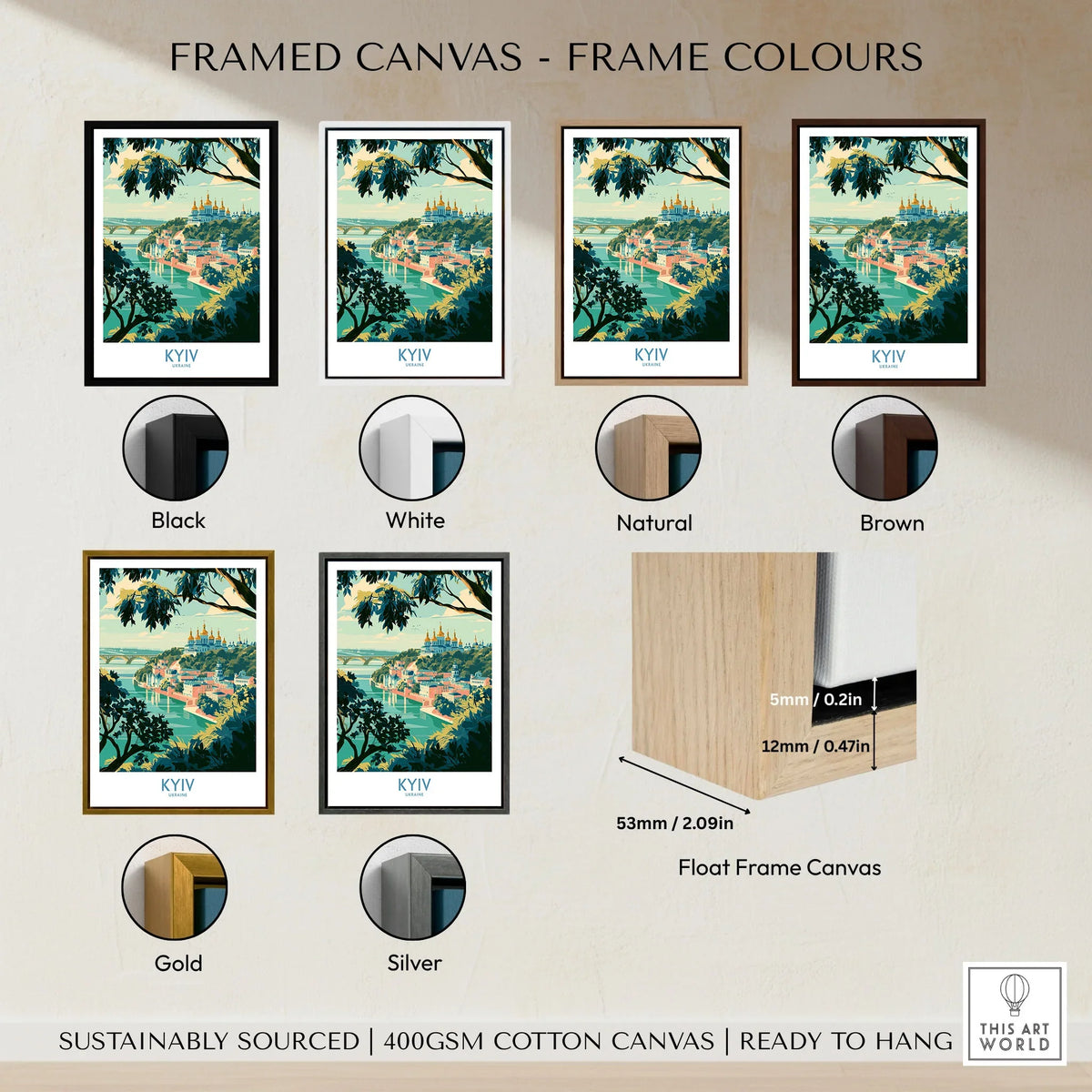 Kyiv Ukraine Dnipro River Wall Art — golden domes on a wooded bluff above the Dnipro river, shown as framed canvas float frame colour options