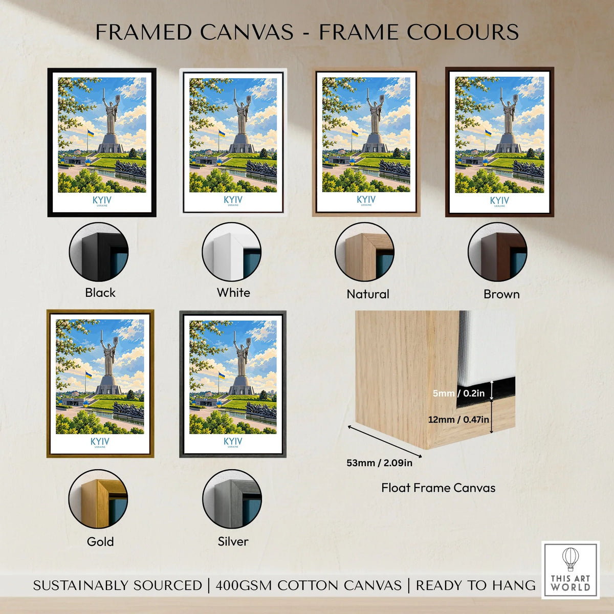 Kyiv Ukraine Spring Blossom Wall Art — the Motherland Monument under spring blossom with the Ukrainian flag flying, shown as framed canvas float frame colour options