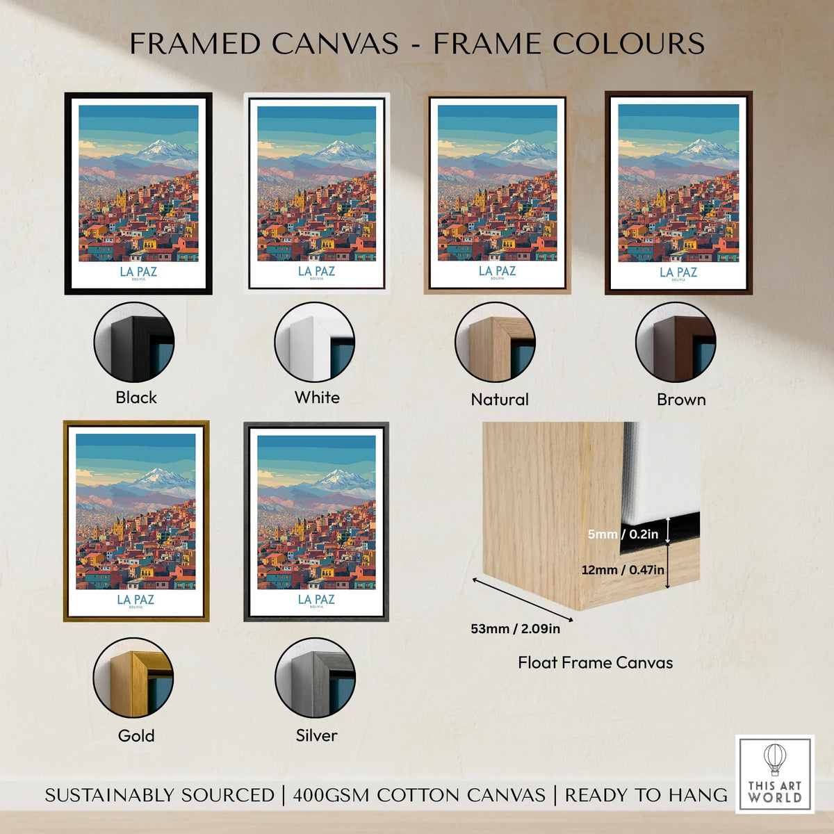 La Paz Bolivia Urban Landscape Wall Art - South American City Print framed canvas float frame colour options: black, white, natural, brown, gold and silver