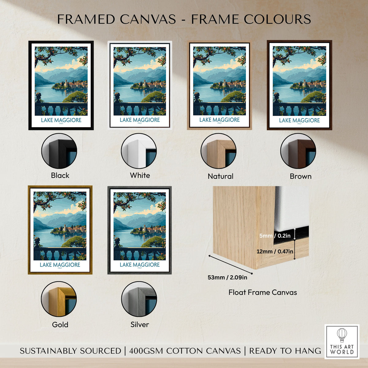 Lake Maggiore Poster Italy framed canvas float frame colour options: black, white, natural, brown, gold and silver