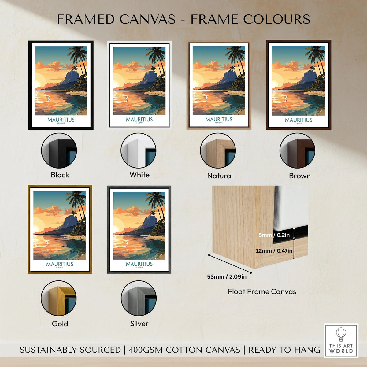 Le Morne Mauritius Wall Art framed canvas float frame colour options: black, white, natural, brown, gold and silver