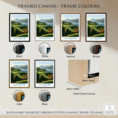 Loch Lomond Scotland Highland View Wall Art — autumn slopes rolling down to Loch Lomond with Highland hills beyond, shown as framed canvas float frame colour options