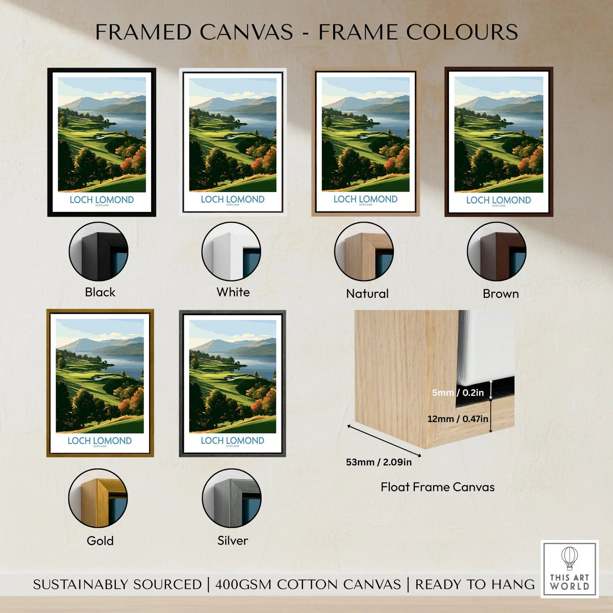 Loch Lomond Scotland Highland View Wall Art — autumn slopes rolling down to Loch Lomond with Highland hills beyond, shown as framed canvas float frame colour options