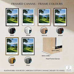 Loch Lomond Scotland Lochside Meadow Wall Art — a sunlit grassy shoreline running down to Loch Lomond under old oaks, shown as framed canvas float frame colour options
