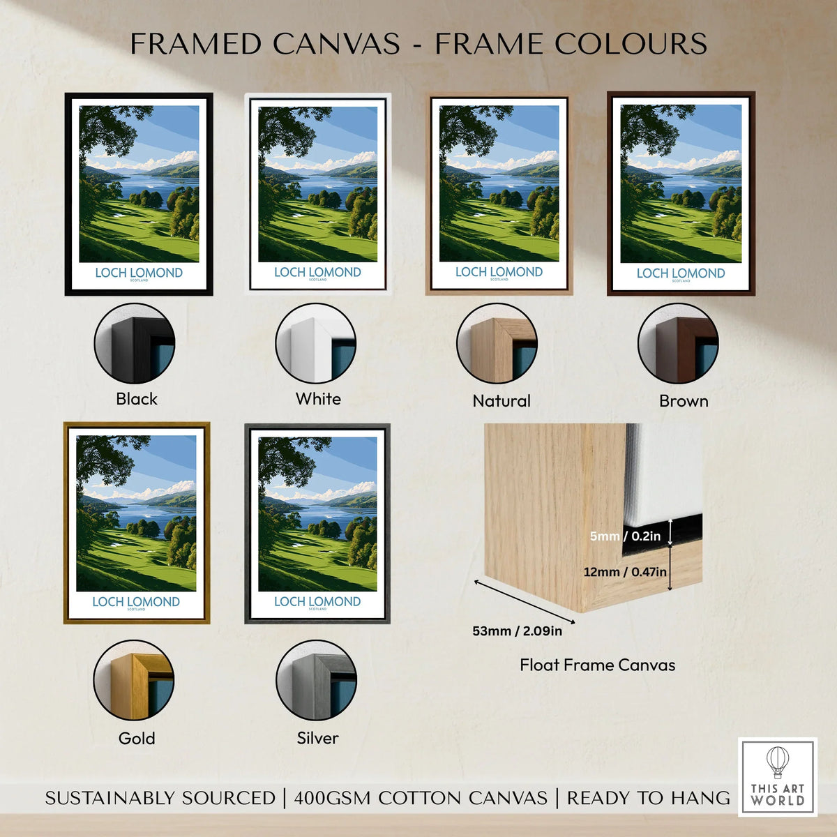 Loch Lomond Scotland Lochside Meadow Wall Art — a sunlit grassy shoreline running down to Loch Lomond under old oaks, shown as framed canvas float frame colour options