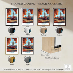 London Travel Poster framed canvas float frame colour options: black, white, natural, brown, gold and silver