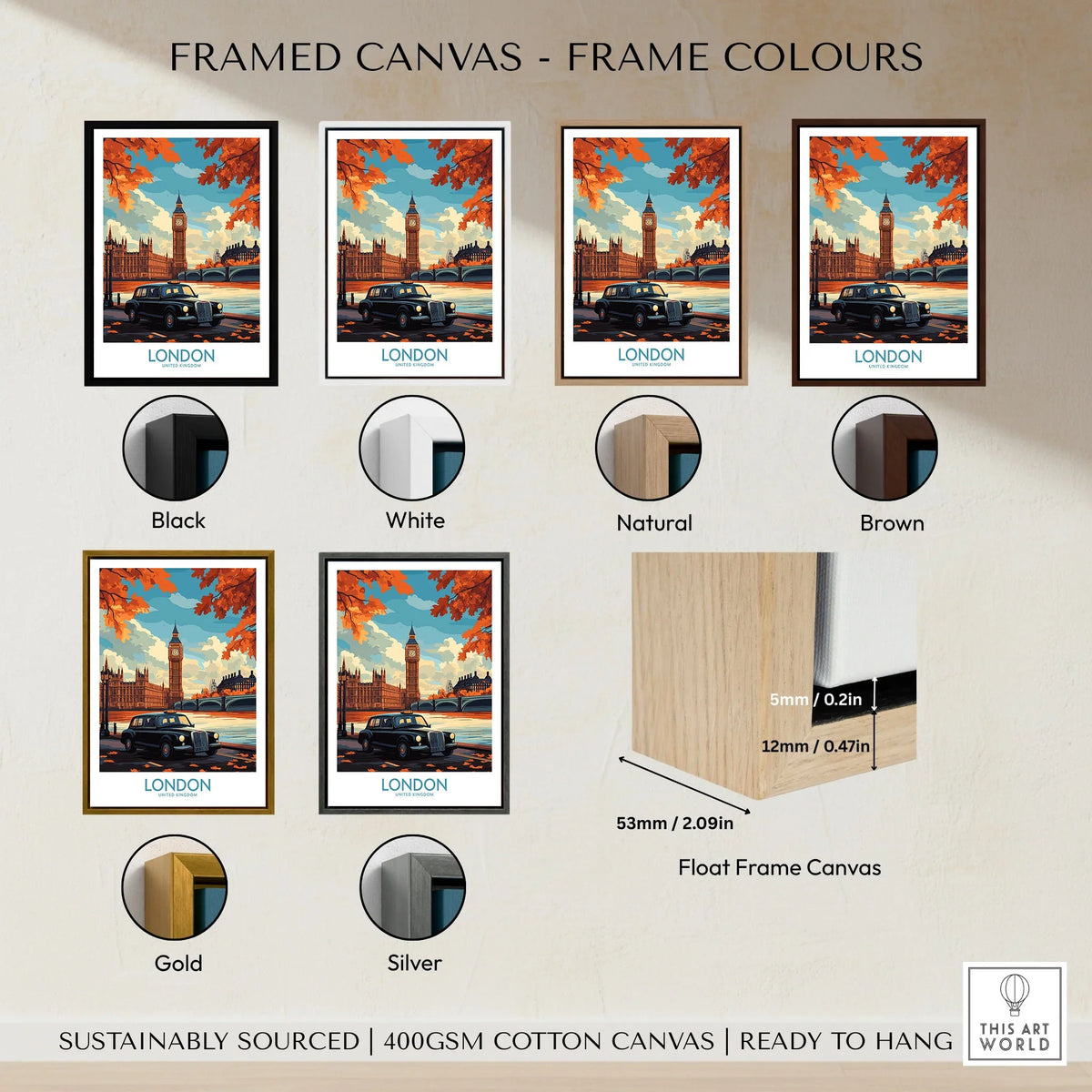 London Wall Art Print - Modern framed canvas float frame colour options: black, white, natural, brown, gold and silver