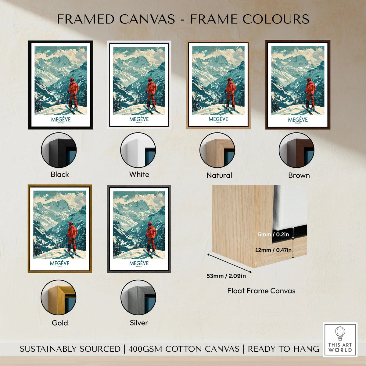 Megève Wall Art - France framed canvas float frame colour options: black, white, natural, brown, gold and silver