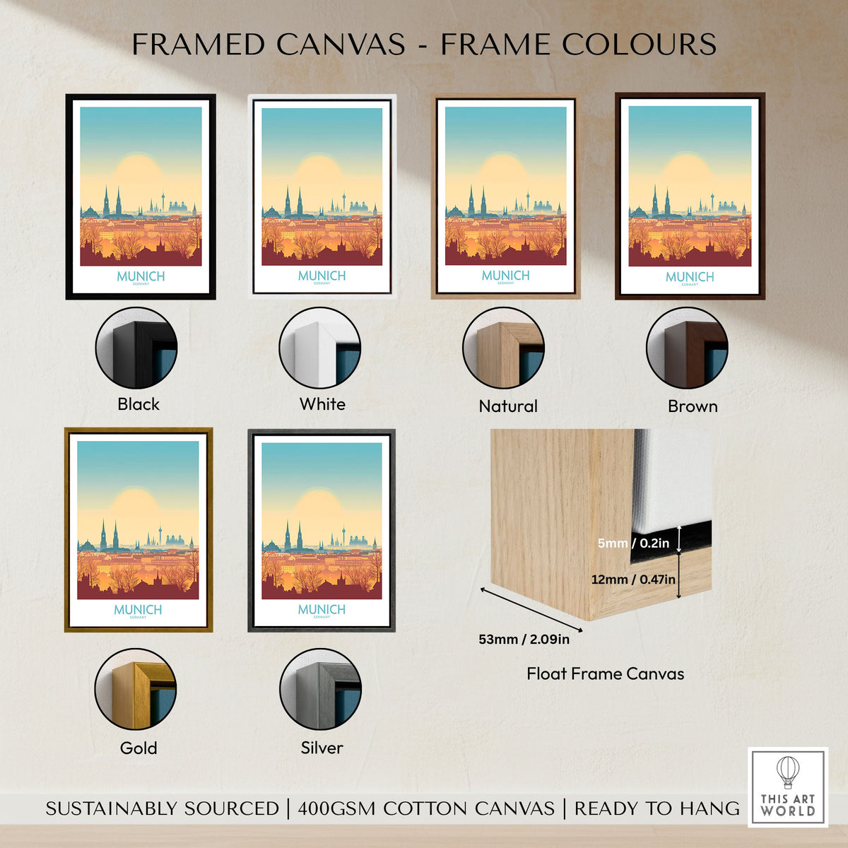 Munich Print Germany framed canvas float frame colour options: black, white, natural, brown, gold and silver