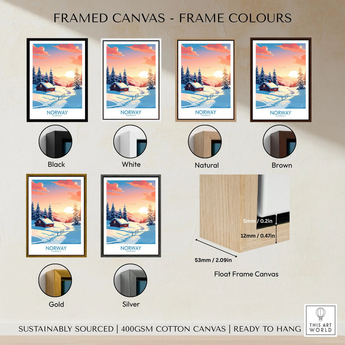 Norway Poster Print framed canvas float frame colour options: black, white, natural, brown, gold and silver