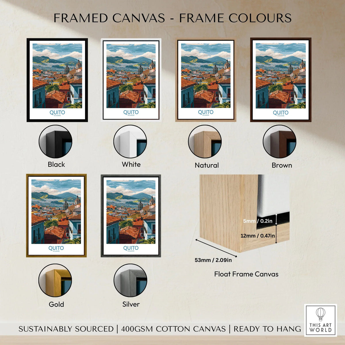 Ecuador Quito Rooftops Travel Poster City View Print Andes Landscape Wall Art South America framed canvas float frame colour options: black, white, natural, brown, gold and silver