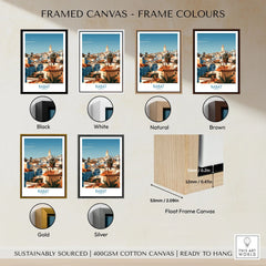 Rabat Morocco Minaret Skyline Wall Art — medina rooftops and a pale minaret in late afternoon sun, shown as framed canvas float frame colour options