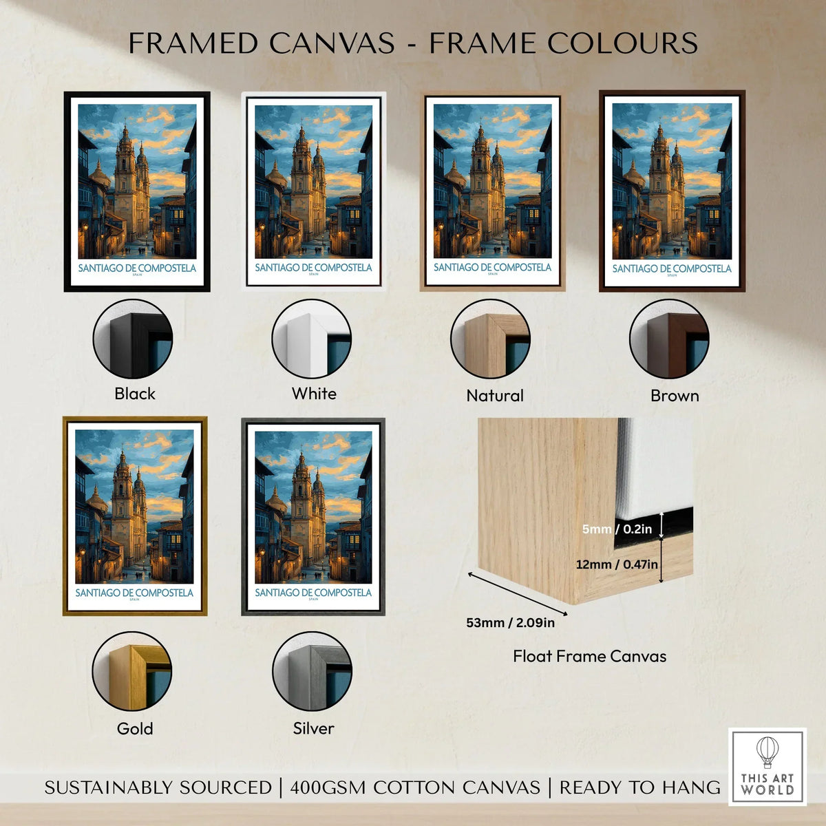 Santiago de Compostela Cathedral Art Print | Cityscape Poster framed canvas float frame colour options: black, white, natural, brown, gold and silver