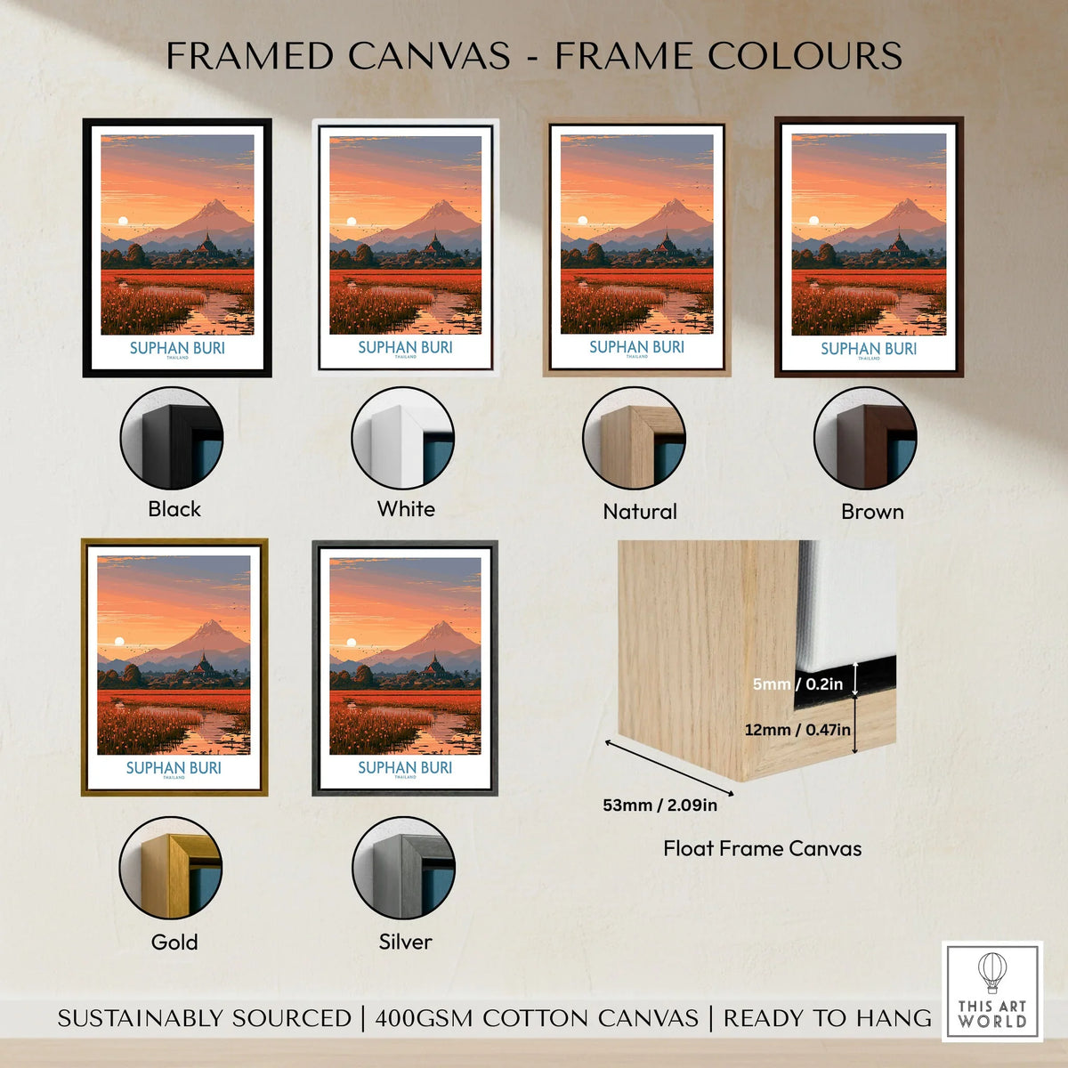 Suphan Buri Thailand Temple Sunset Wall Art — a lotus-covered lake and temple spire at sunset beneath a mountain peak, shown as framed canvas float frame colour options