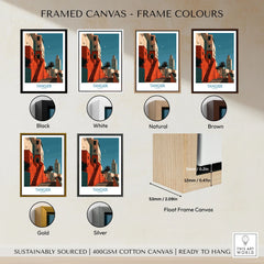 Tangier Morocco Crescent Moon Wall Art — coral kasbah steps climbing towards a minaret under a crescent moon, shown as framed canvas float frame colour options