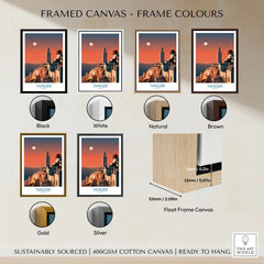 Tangier Morocco Coastal Sunset Wall Art — a whitewashed hillside town and minaret glowing above the sea at sunset, shown as framed canvas float frame colour options