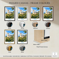 Tangier Morocco Lighthouse Gardens Wall Art — the Cap Spartel lighthouse above palm gardens and the blue strait, shown as framed canvas float frame colour options