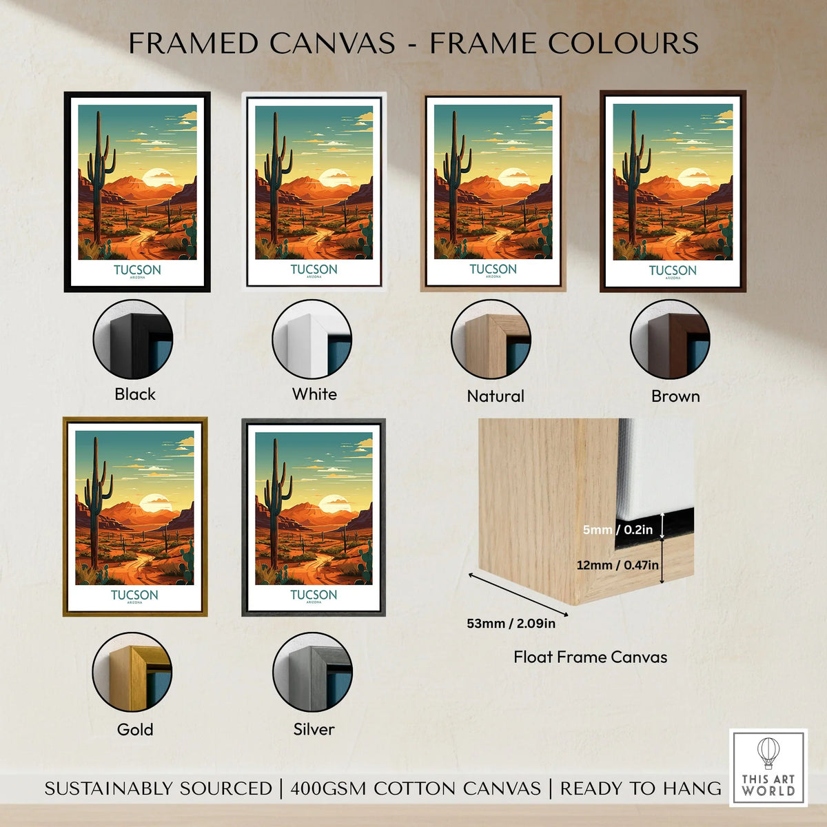 Tucson Art Print framed canvas float frame colour options: black, white, natural, brown, gold and silver