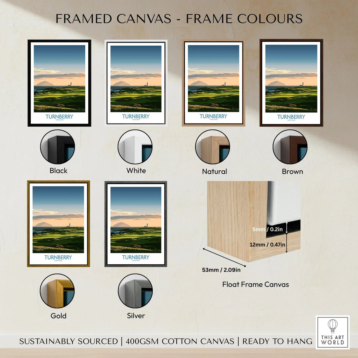 Turnberry Scotland Ayrshire Dusk Wall Art — Ailsa Craig and the white lighthouse across rolling coastal turf at dusk, shown as framed canvas float frame colour options
