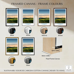 Turnberry Scotland Ayrshire Dusk Wall Art — Ailsa Craig and the white lighthouse across rolling coastal turf at dusk, shown as framed canvas float frame colour options