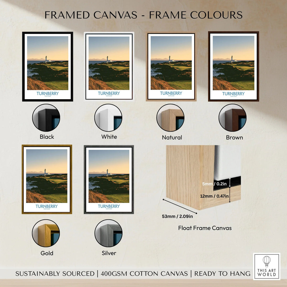 Turnberry Scotland Rocky Shore Wall Art — the Turnberry lighthouse above a rocky shore with the Arran hills beyond, shown as framed canvas float frame colour options
