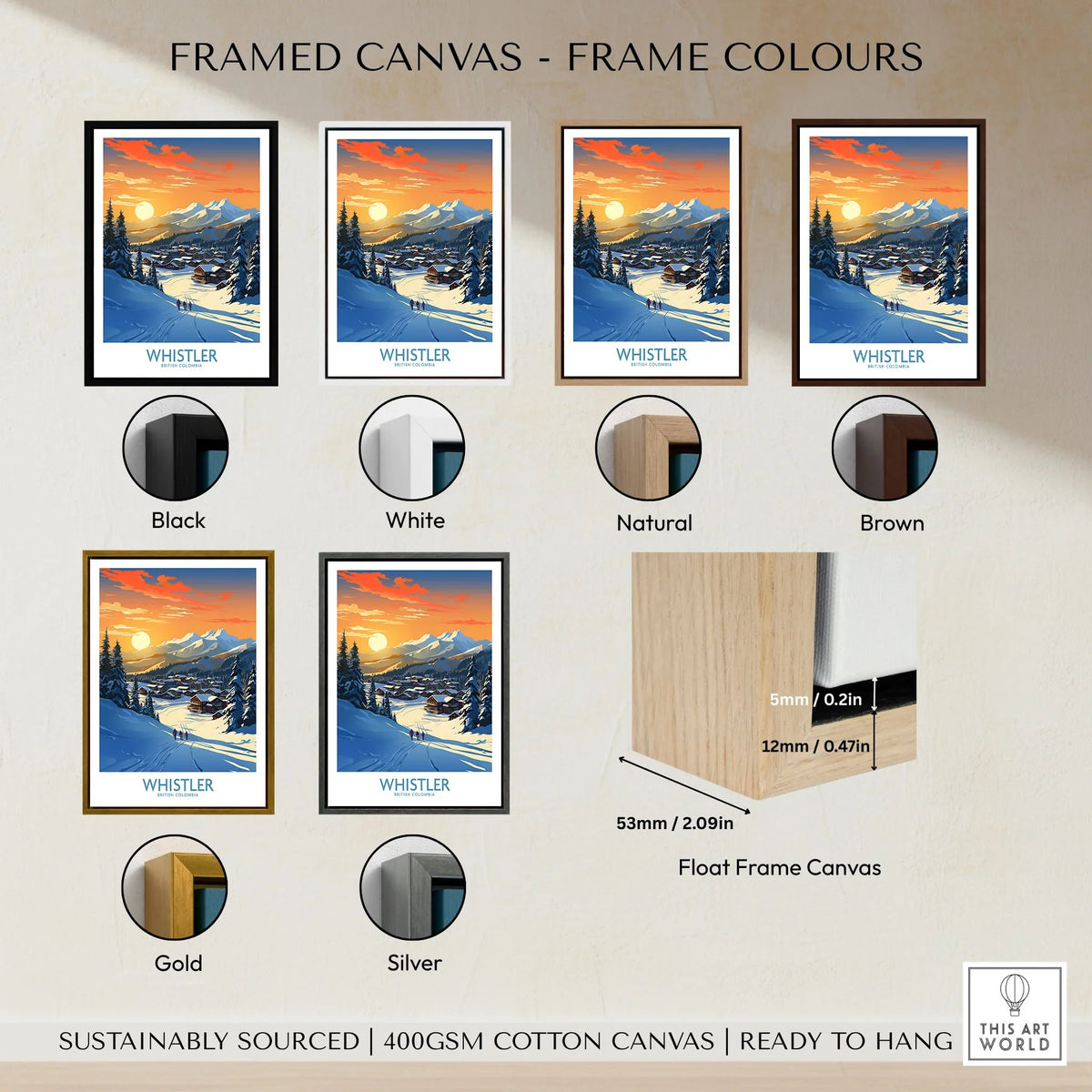 Whistler Wall Art Ski Poster framed canvas float frame colour options: black, white, natural, brown, gold and silver