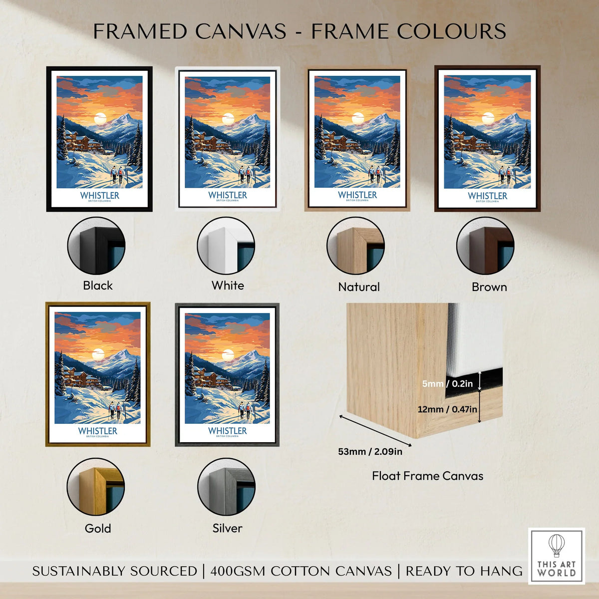 Whistler Print framed canvas float frame colour options: black, white, natural, brown, gold and silver