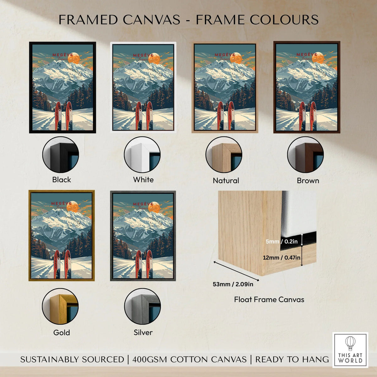 Megève Travel Poster - France framed canvas float frame colour options: black, white, natural, brown, gold and silver