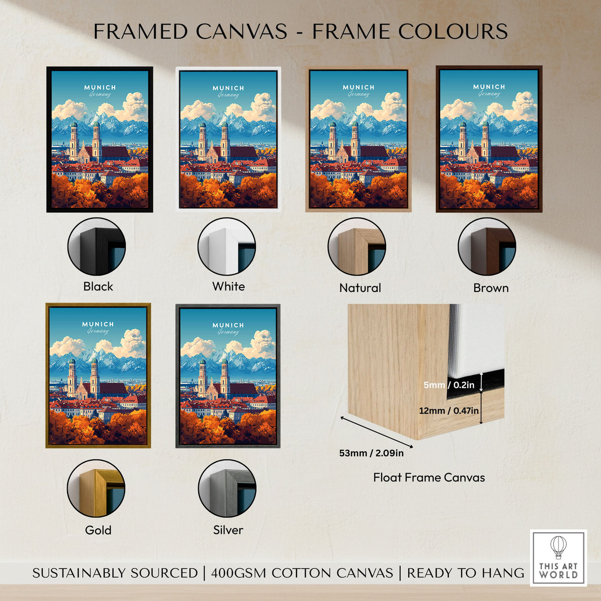 Munich Travel Print framed canvas float frame colour options: black, white, natural, brown, gold and silver