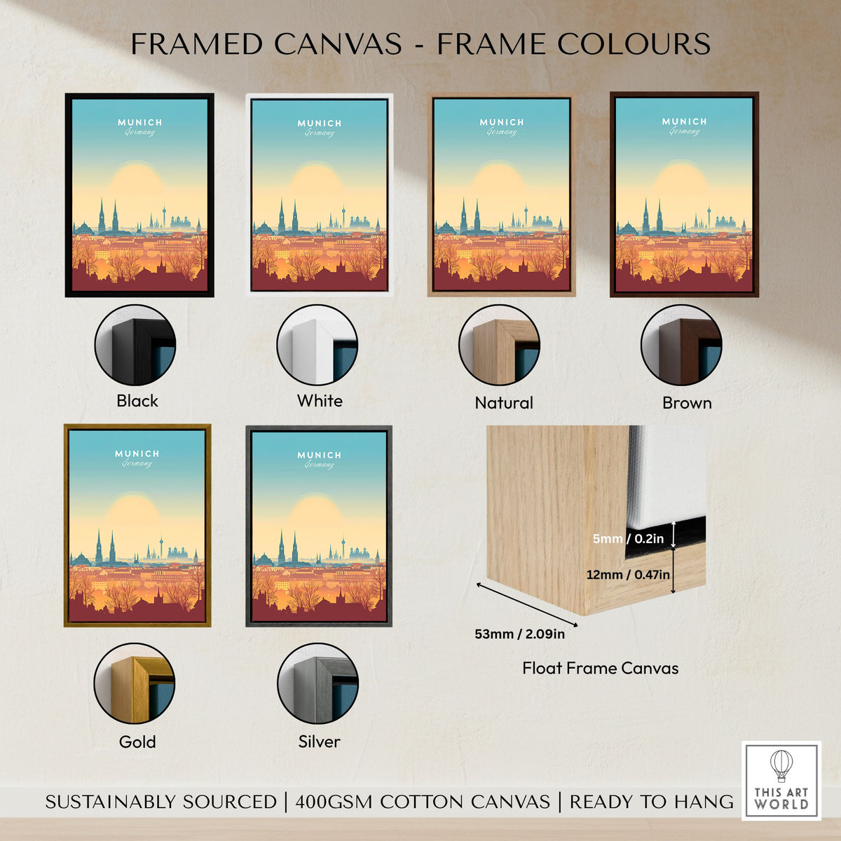 Munich Wall Art framed canvas float frame colour options: black, white, natural, brown, gold and silver