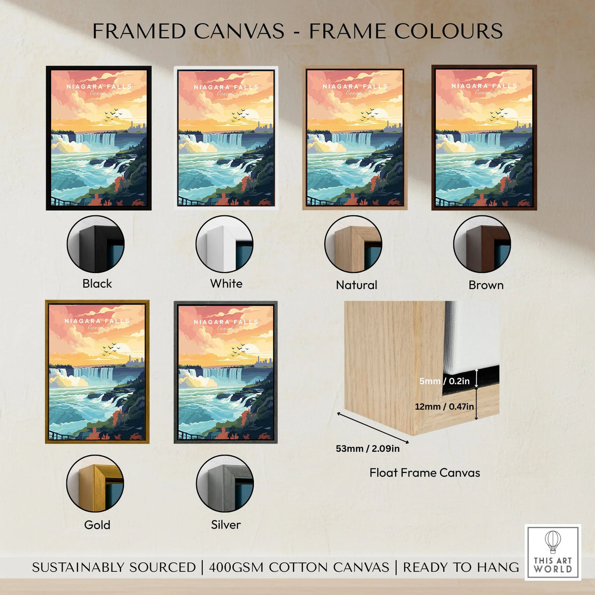 Niagara Falls Print framed canvas float frame colour options: black, white, natural, brown, gold and silver