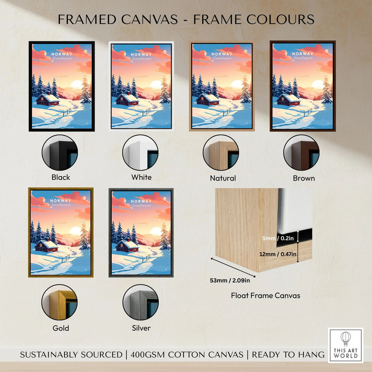 Norway Art Print framed canvas float frame colour options: black, white, natural, brown, gold and silver