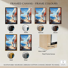Paros Travel Poster framed canvas float frame colour options: black, white, natural, brown, gold and silver