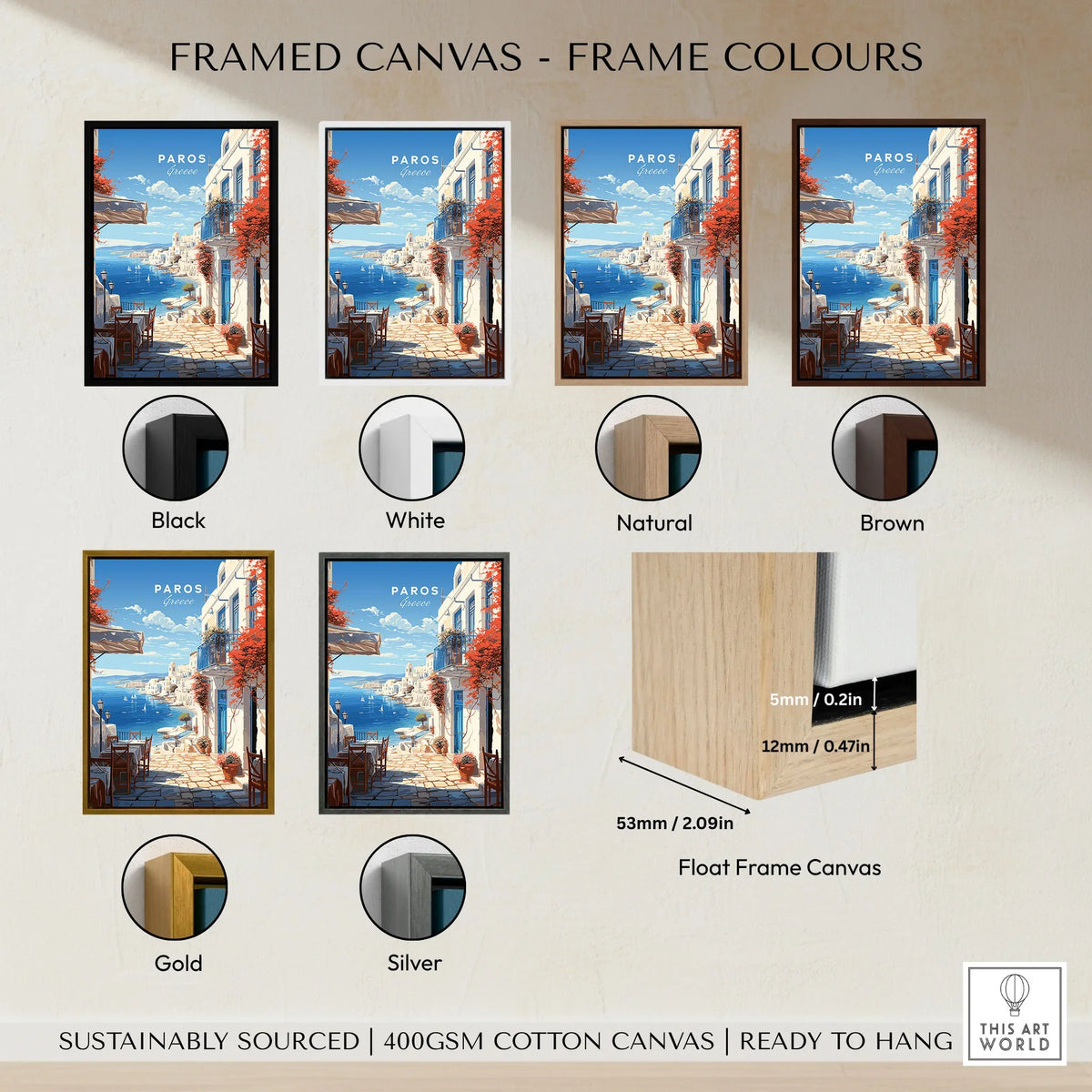 Paros Travel Poster framed canvas float frame colour options: black, white, natural, brown, gold and silver