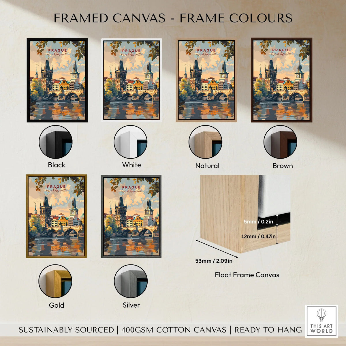 Prague Wall Art framed canvas float frame colour options: black, white, natural, brown, gold and silver