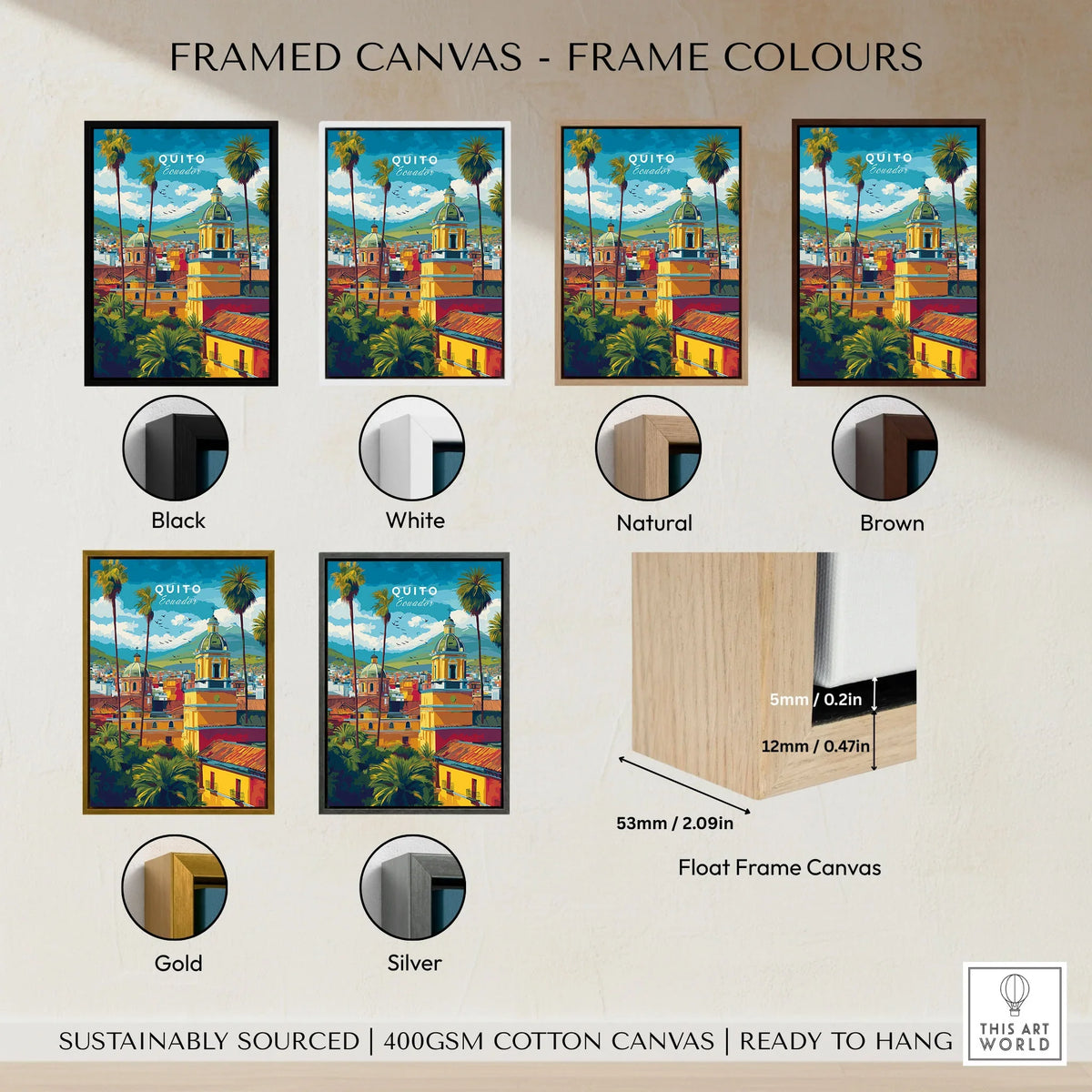 Quito Ecuador Travel Poster Cityscape Print Churches Palm Trees Andes Wall Art Decor framed canvas float frame colour options: black, white, natural, brown, gold and silver