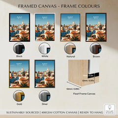 Rabat Morocco Medina Rooftops Travel Poster — medina rooftops and a pale minaret in late afternoon sun, shown as framed canvas float frame colour options